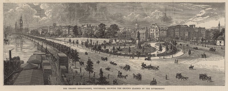De Thames Embankment, Whitehall, met de grond geclaimd door de regering door English School