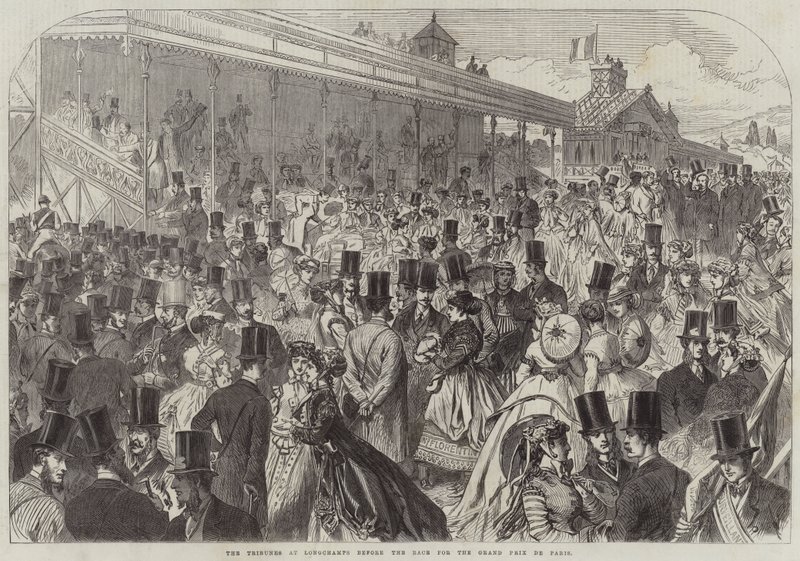 De Tribunes bij Longchamps voor de Race om de Grand Prix de Paris door English School
