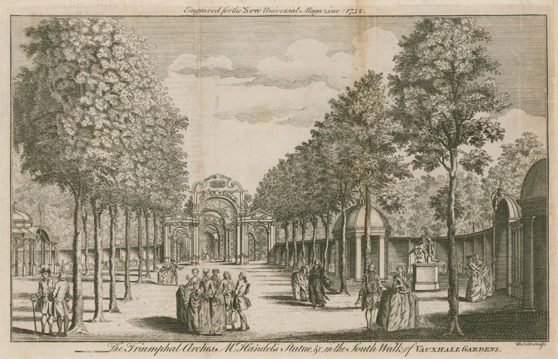 De Triomfbogen, Mr Handels Standbeeld, in de Zuidelijke Wandelgang van Vauxhall Gardens, Londen door English School