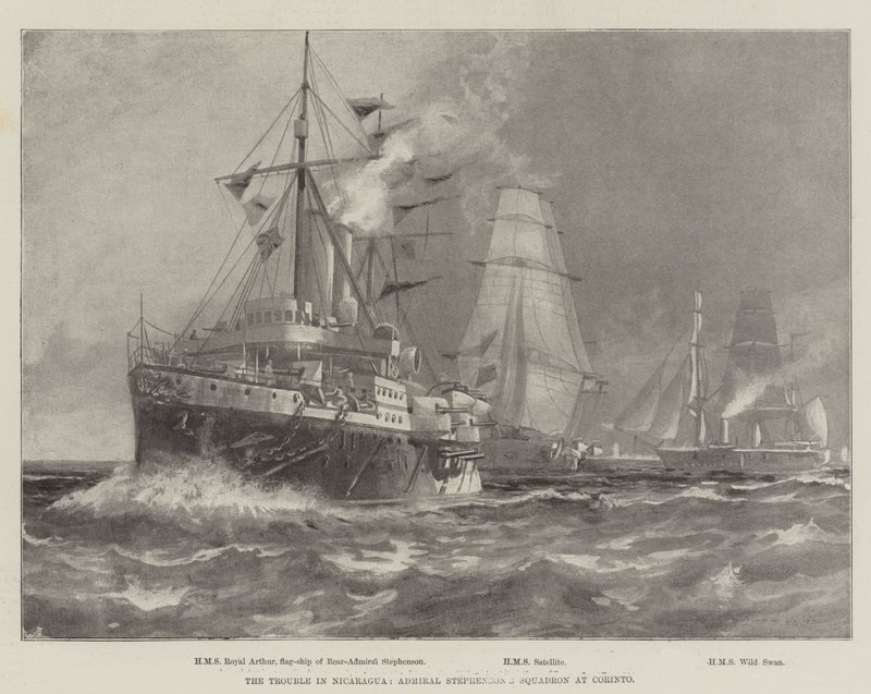De problemen in Nicaragua, het squadron van admiraal Stephenson in Corinto (gravure) door English School