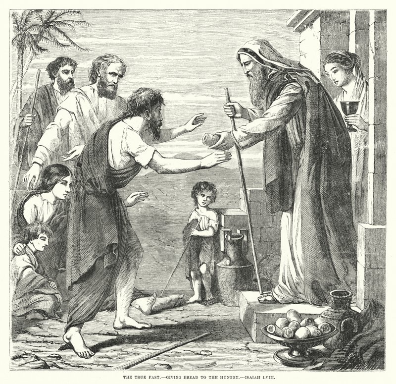 Het ware vasten, brood geven aan de hongerigen, Jesaja LVIII (gravure) door English School