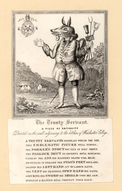 De Trusty Servant, schilderij van 1579 door Engelse dichter John Hoskins op de muur naast de keuken van Winchester College, Hampshire (gravure) door English School