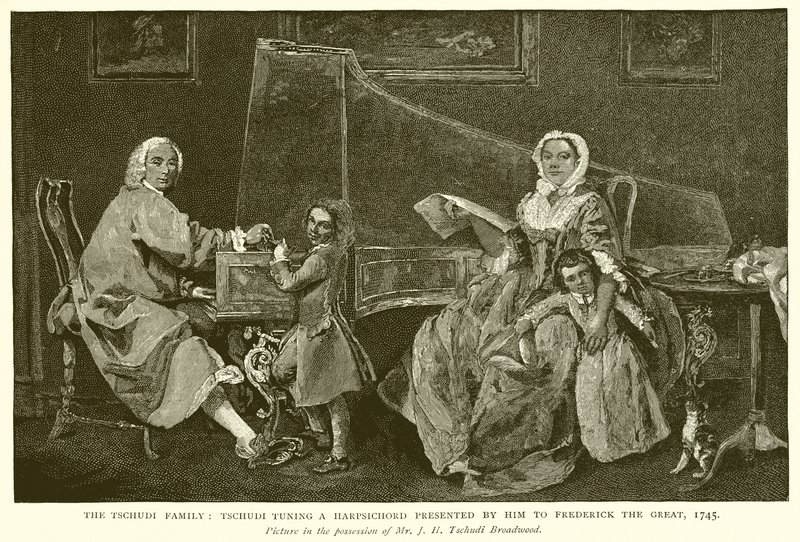 De familie Tschudi: Tschudi stemt een door hem aan Frederik de Grote gepresenteerd instrument, 1745 door English School