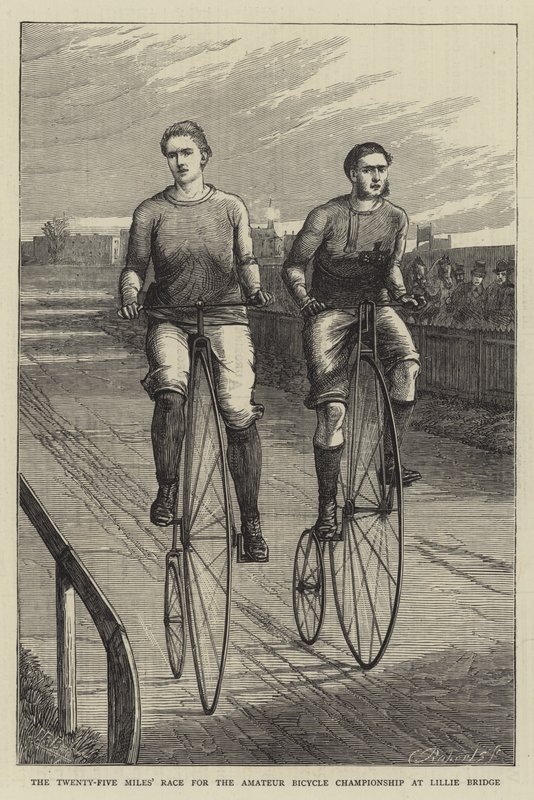 De vijfentwintig mijl race voor het amateurfiets kampioenschap in Lillie Bridge (gravure) door English School