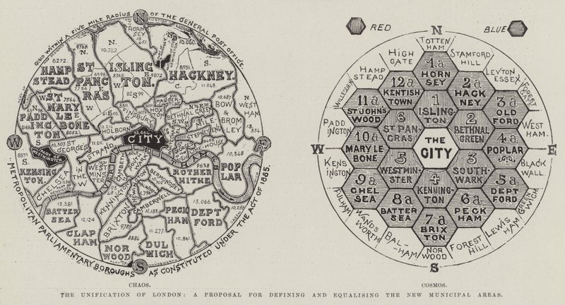 De eenwording van Londen, een voorstel voor het definiëren en gelijktrekken van de nieuwe gemeentelijke gebieden (gravure) door English School