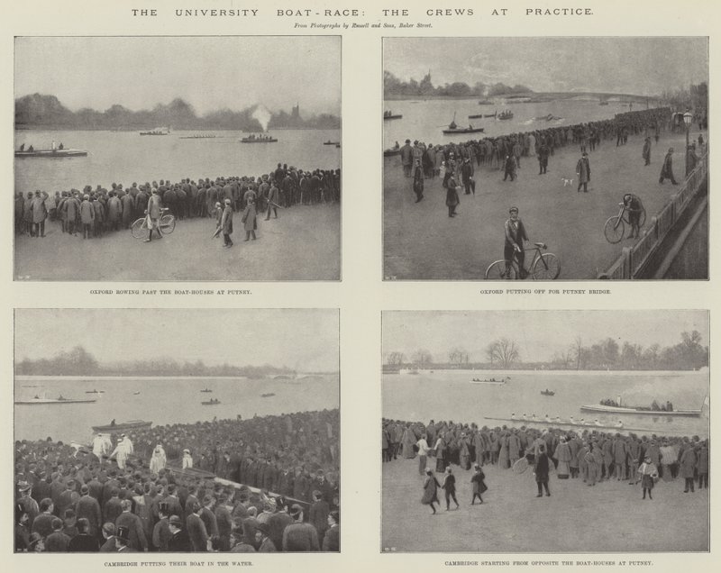 De universiteitsbootrace, de bemanningen aan het oefenen (gravure) door English School