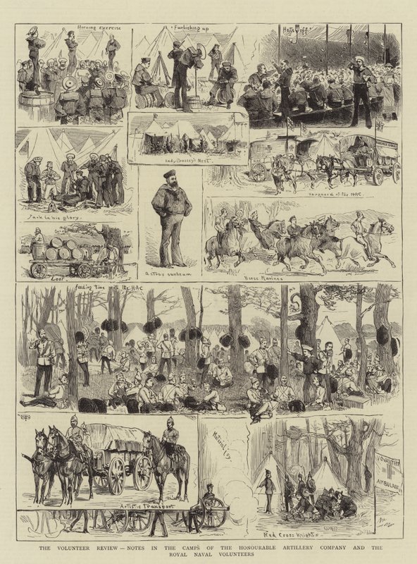 De vrijwilligersreview, aantekeningen in de kampen van de Honourable Artillery Company en de Royal Naval Volunteers door English School