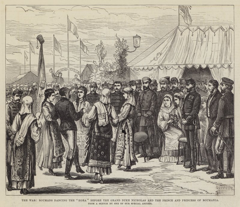 De oorlog, Roemenen dansen de "Hora" voor de Groothertog Nicolaas en de prins en prinses van Roemenië door English School