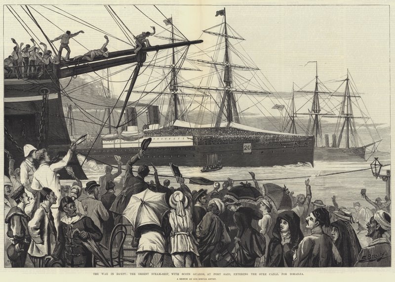 De oorlog in Egypte, het Oriënt-stoomschip met Schotse Garde, in Port Said, de Suez-kanaal binnenvarend naar Ismailia door English School