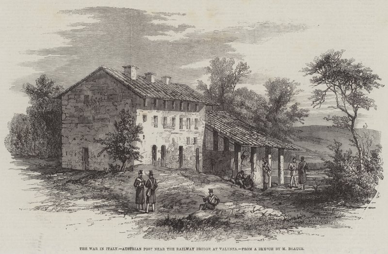 De oorlog in Italië, Oostenrijkse post bij de spoorbrug in Valenza (gravure) door English School