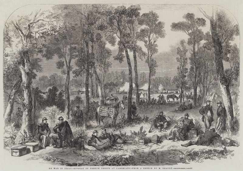 De oorlog in Italië, bivak van Franse troepen bij Cameriano (gravure) door English School