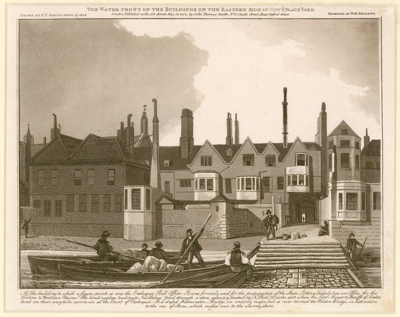 De waterkant van de gebouwen aan de oostkant van New Palace Yard door English School