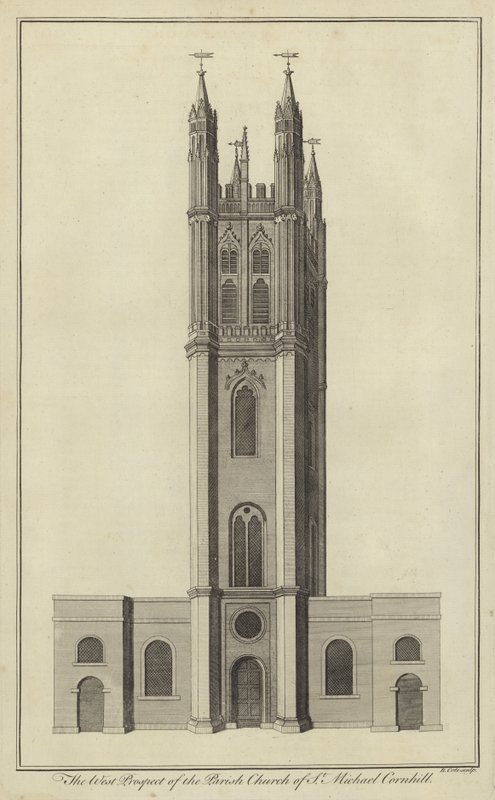 Het westelijke aanzicht van de parochiekerk van St Michael, Cornhill, Londen door English School