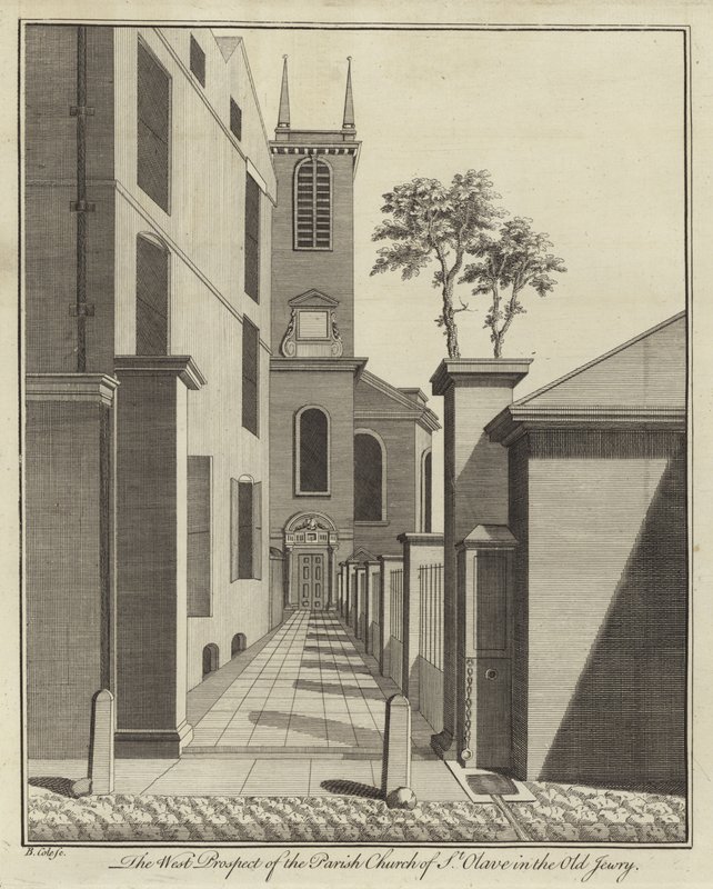 Het Westelijke Uitzicht van de Parochiekerk van St Olave in de Old Jewry, Londen door English School