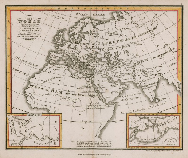 De wereld zoals bekend bij de ouden, met de verspreiding en veronderstelde vestiging van de nakomelingen van Noach door English School