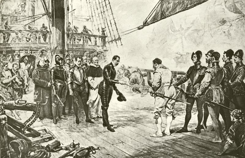 De admiraal van de Spaanse Armada geeft zich over aan Drake (gravure) door English School