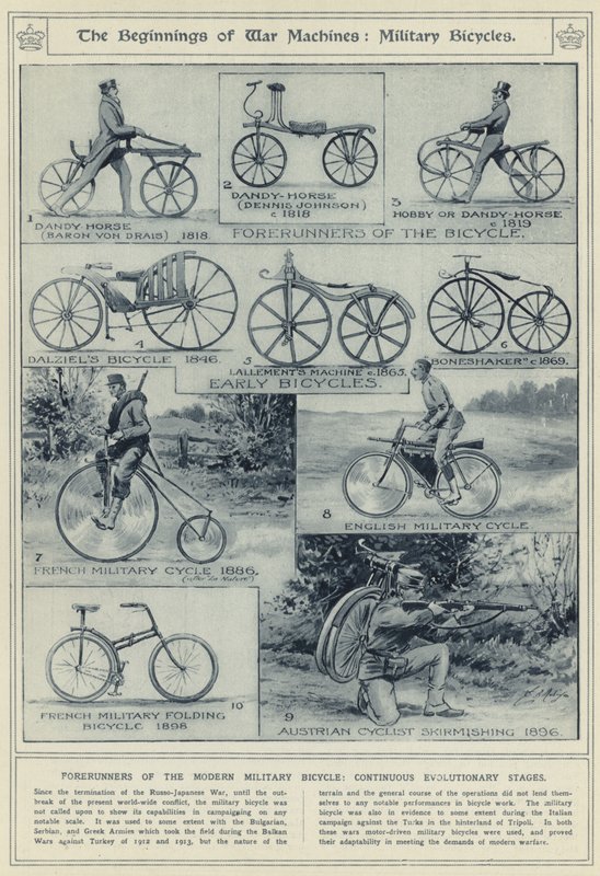 Het begin van oorlogsmachines, militaire fietsen, voorlopers van de moderne militaire fiets, continue evolutionaire stadia door English School