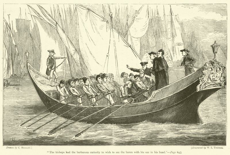 "De bisschoppen hadden de barbaarse nieuwsgierigheid om de baron met zijn roeispaan in zijn hand te willen zien" (gravure) door English School