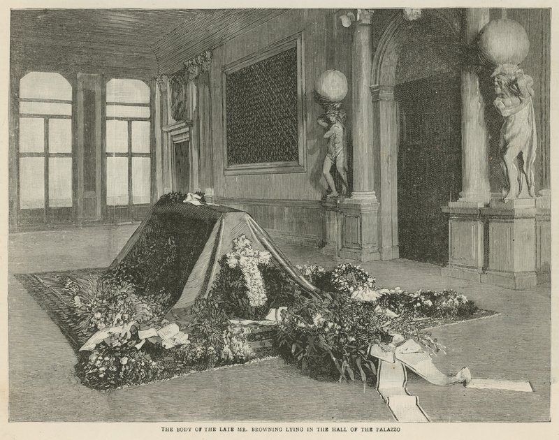 Het lichaam van wijlen Mr Browning liggend in de Hal van het Palazzo Rezzonico, Venetië door English School