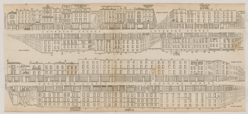 De gebouwen van Leicester Square, Londen, langs Coventry Street en Cranbourne Street door English School