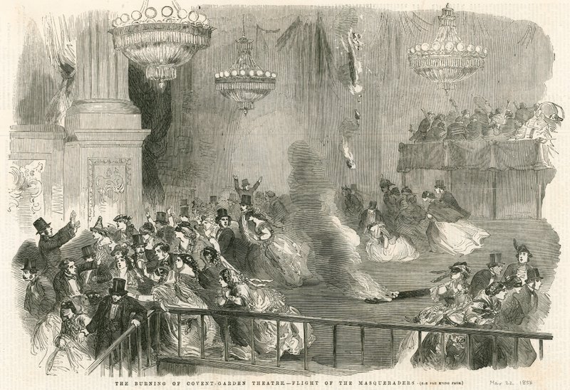 De brand van Covent Garden Theatre, Londen - vlucht van de Masqueraders door English School