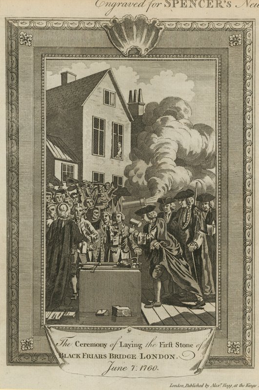 De ceremonie van het leggen van de eerste steen van Blackfriars Bridge door English School