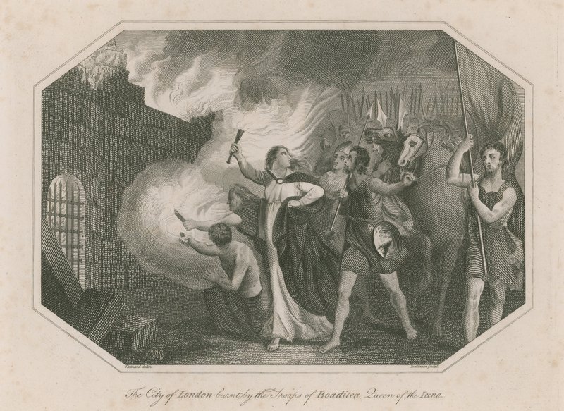 De stad Londen verbrand door de troepen van Boadicea, koningin van de Iceni door English School