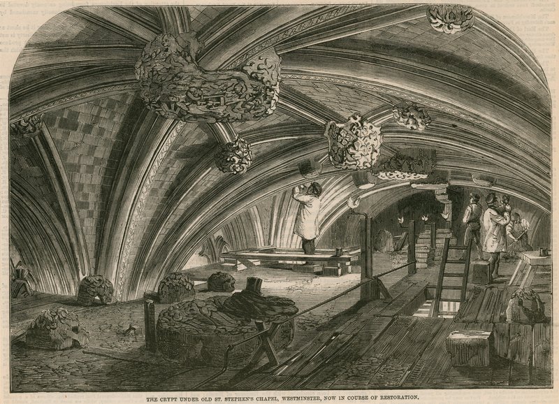 De crypte onder de oude St. Stephens kapel, Westminster, nu in restauratie door English School
