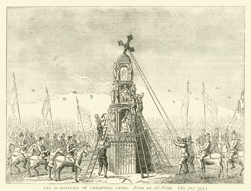 De sloop van Cheapside Cross, van een oude prent door English School