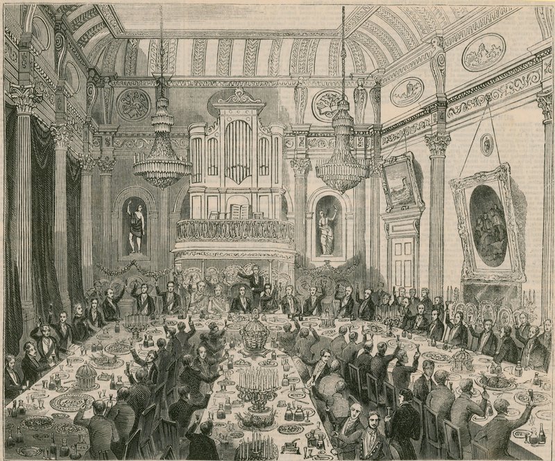 Het diner gegeven aan Sir H Hardinge door de Oost-Indische Compagnie, London Tavern, 1844 door English School