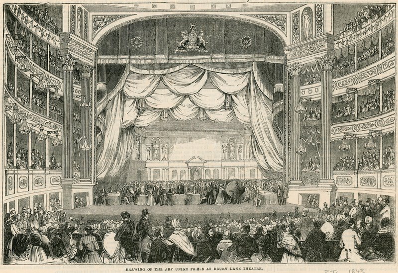 De trekking van de Art Union prijzen in Drury Lane Theatre in 1843 door English School