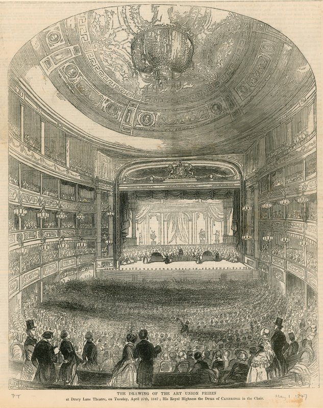 De trekking van de Art Union prijzen in Drury Lane Theatre op 27 april 1847 door English School