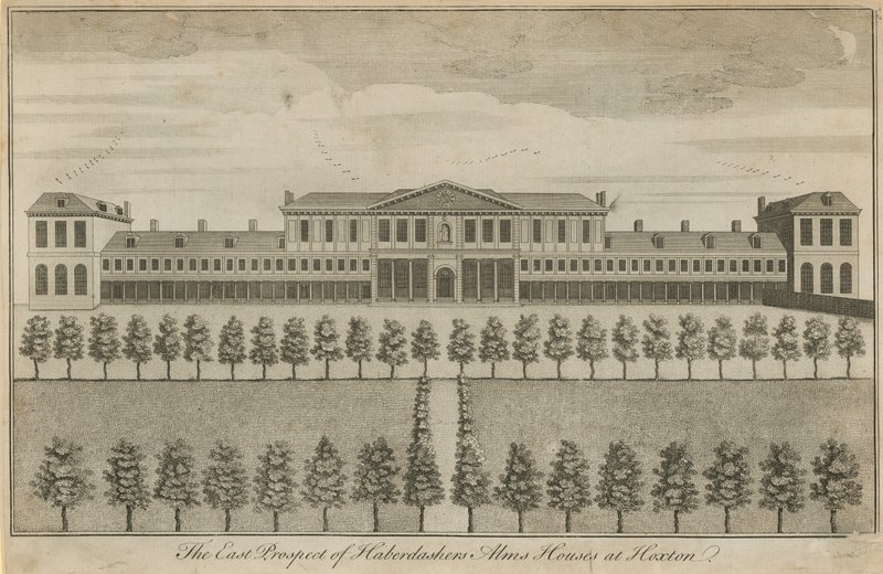 Het oostelijke uitzicht van Haberdashers Alms Houses door English School
