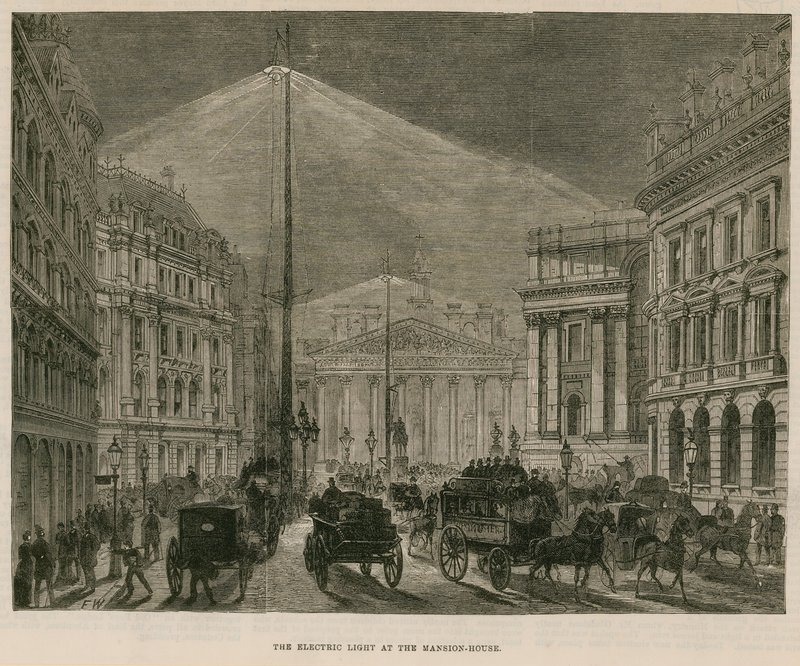 Het elektrische licht bij het Mansion House, Londen door English School