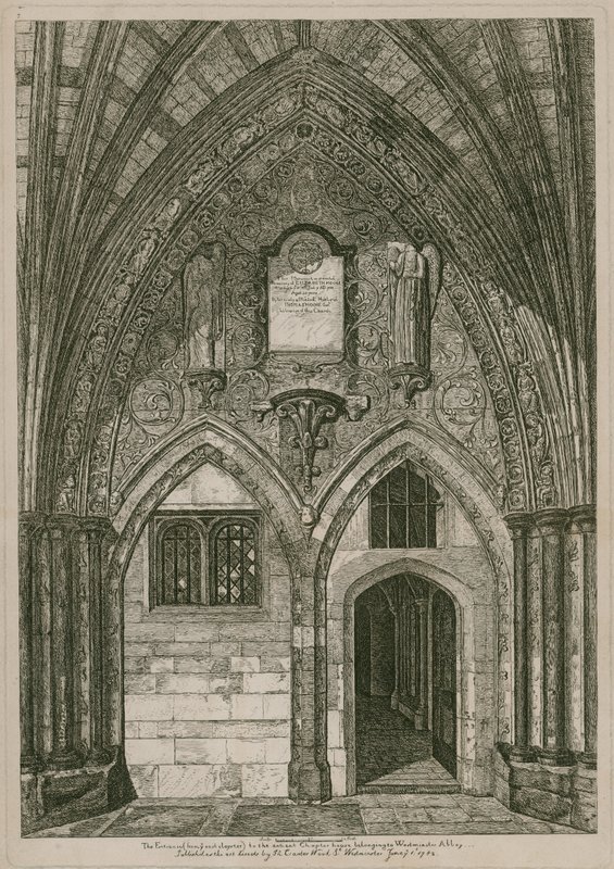 De ingang vanuit de oostelijke Klooster naar de oude Kapittelzaal, Westminster Abbey, Londen door English School