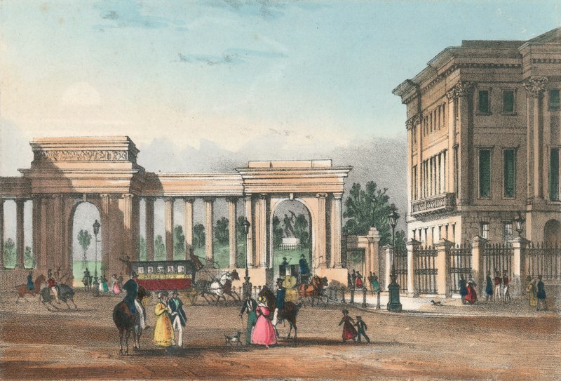 De ingang van Hyde Park vanaf Piccadilly met de westvleugel van Apsley House door English School
