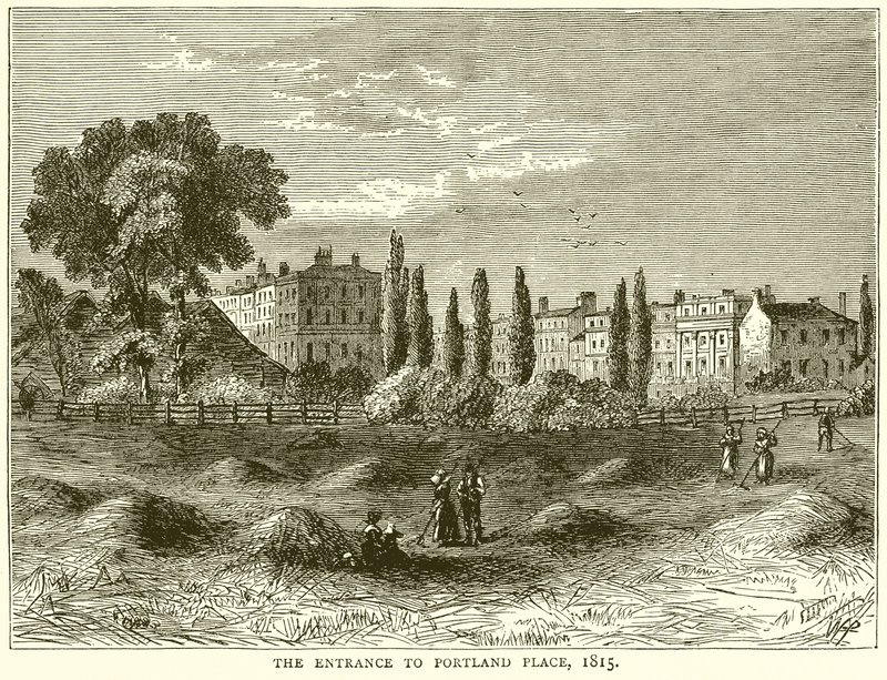 De ingang naar Portland Place, 1815 door English School
