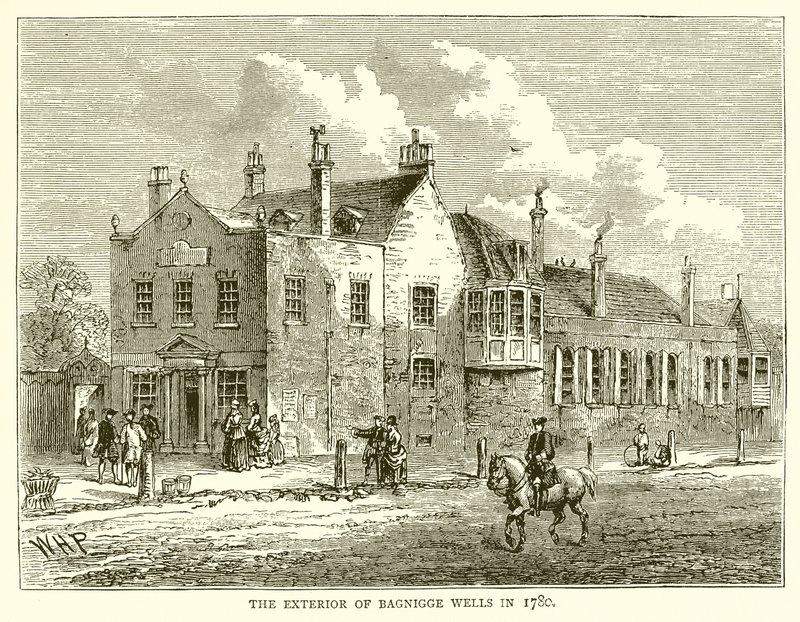 De buitenkant van Bagnigge Wells in 1780 door English School
