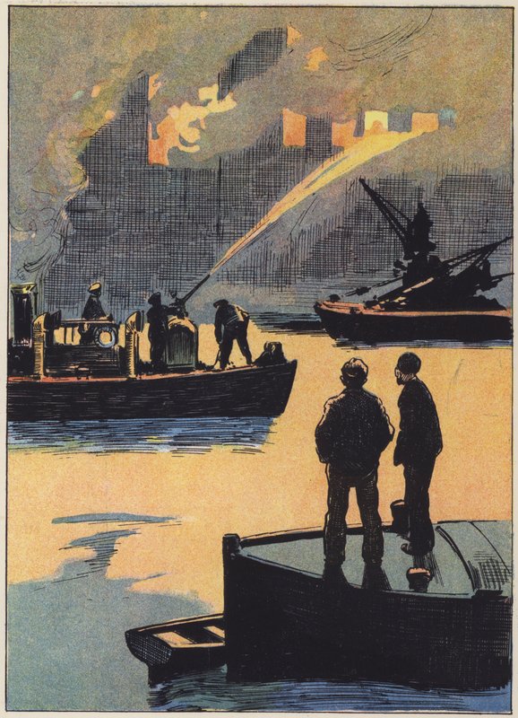 De brandweer aan het werk op de rivier door English School