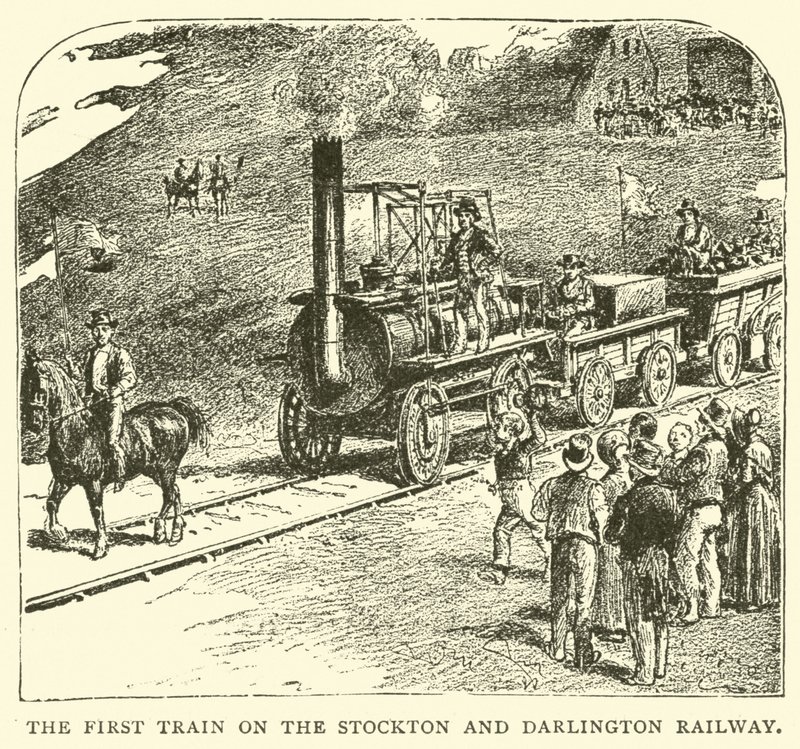 De eerste trein op de Stockton en Darlington Railway door English School