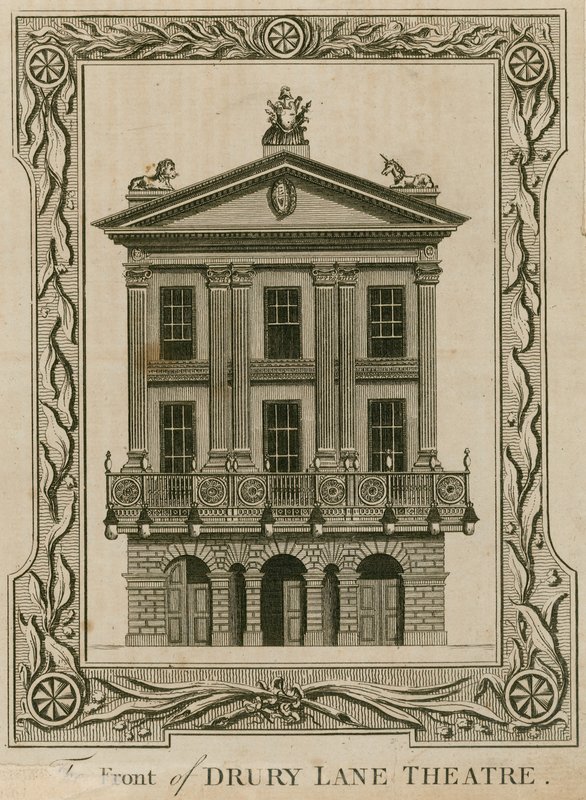 De voorkant van het Drury Lane Theatre, Londen door English School