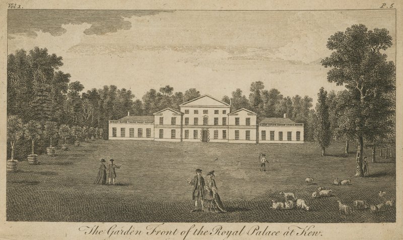 De tuinzijde van het Koninklijk Paleis in Kew, Londen door English School