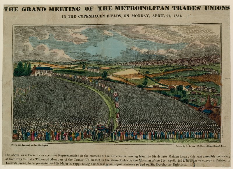De grote bijeenkomst van de Metropolitan Trades Unions in de Copenhagen Fields, 21 april 1834 door English School