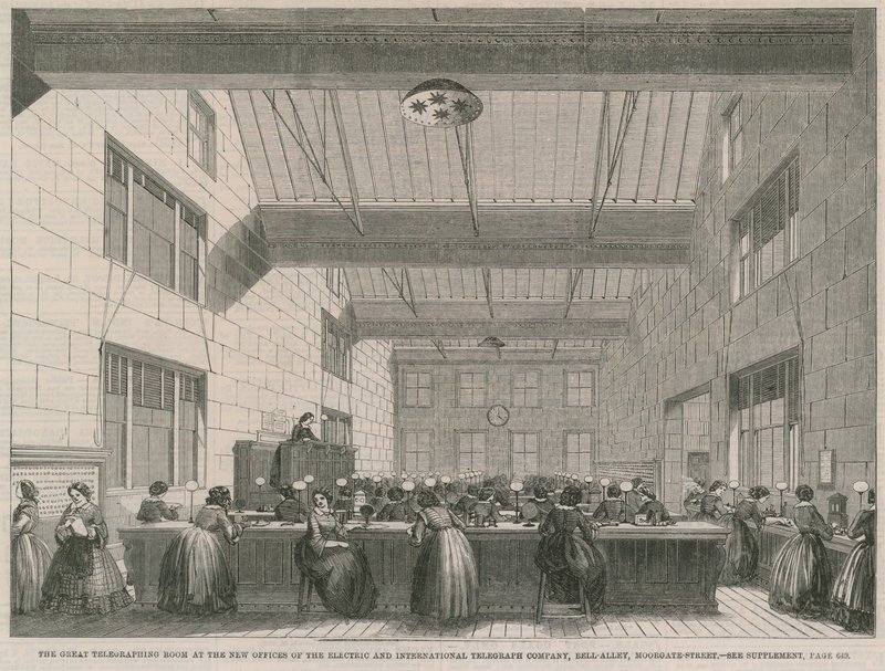 De grote telegraafkamer in de nieuwe kantoren van de Electric and International Telegraph Company door English School