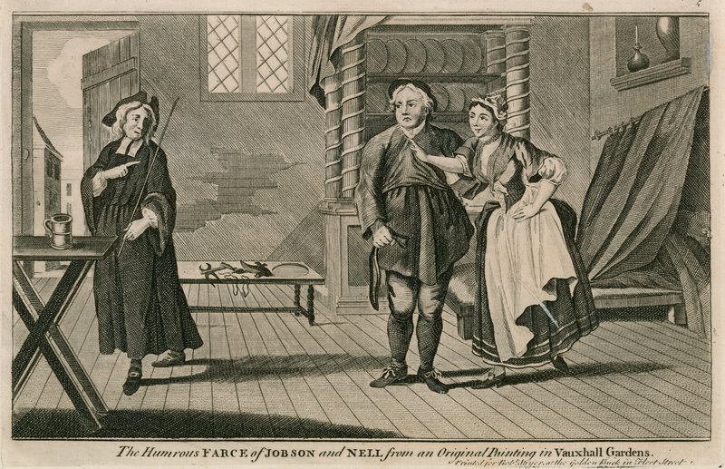 De humoristische klucht van Jobson en Nell naar een origineel schilderij in Vauxhall Gardens, Londen door English School