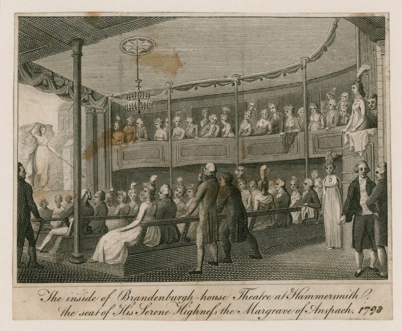 Het interieur van het Brandenburgh House Theatre in Hammersmith door English School
