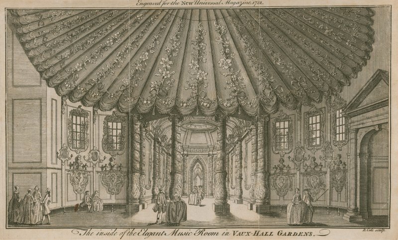 De binnenkant van de elegante muziekkamer (Rotunda) in Vauxhall Gardens, Londen door English School
