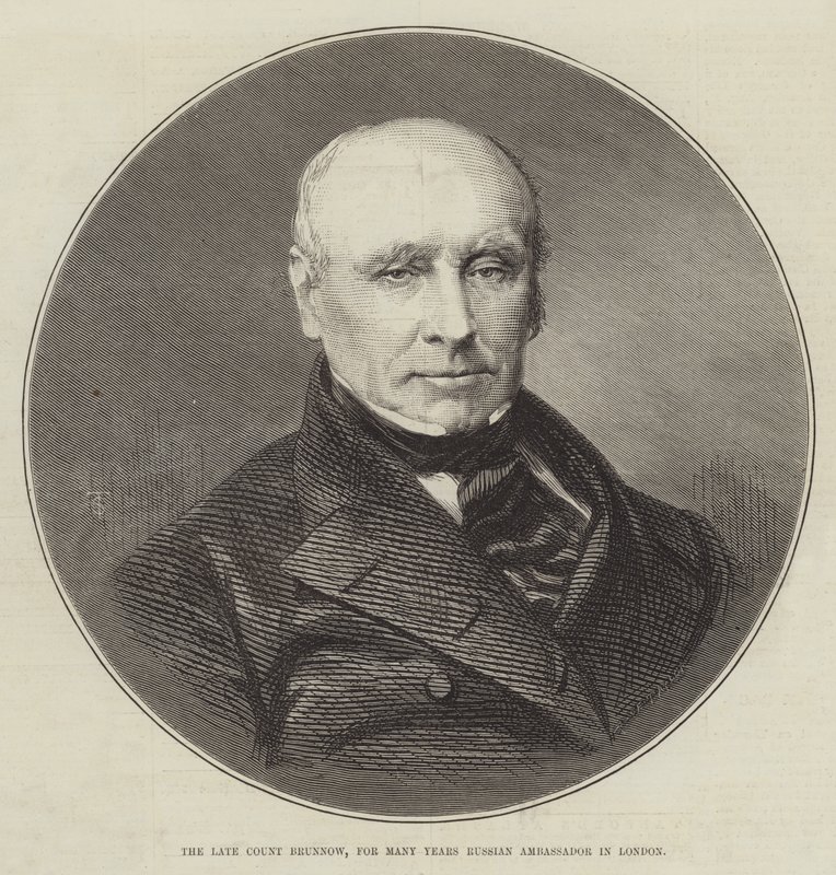 De overleden graaf Brunnow, jarenlang Russisch ambassadeur in Londen (gravure) door English School