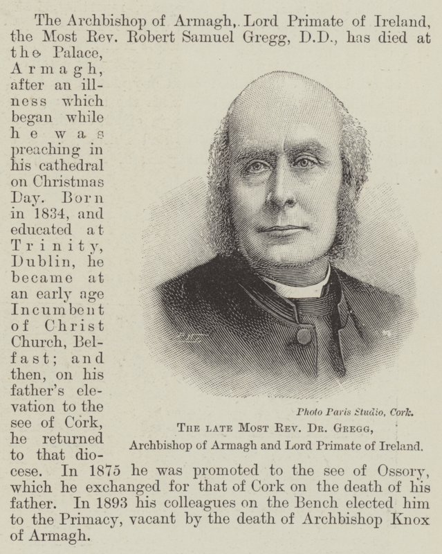 De wijlen aartsbisschop Dr Gregg, aartsbisschop van Armagh en Lord Primate van Ierland (gravure) door English School
