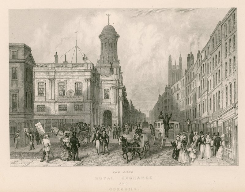 De late Royal Exchange en Cornhill, Londen door English School